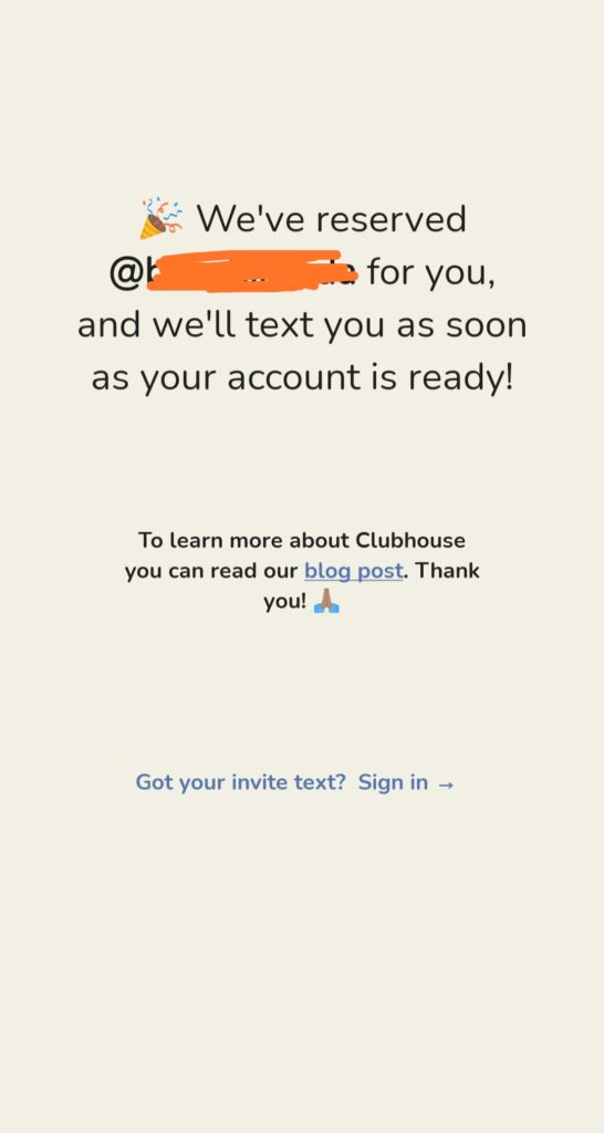 clubhouse username reservation confirmation message